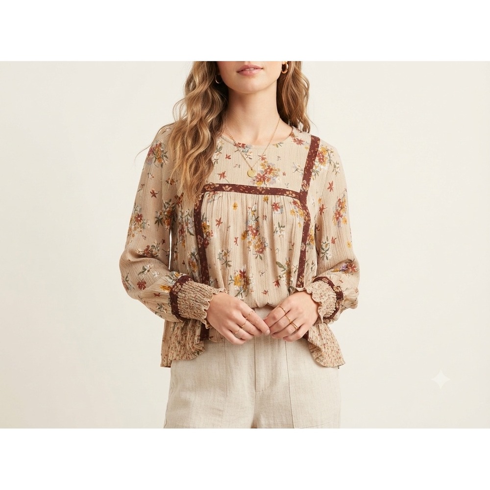 Maurices Womens Floral Peasant Top Tan Burgundy Babydoll Peplum Sm Crinkle Gauze